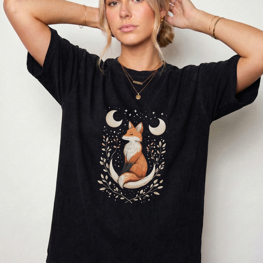 Mystical Fox Celestial Moon Graphic Tee | Foxfire & Fable