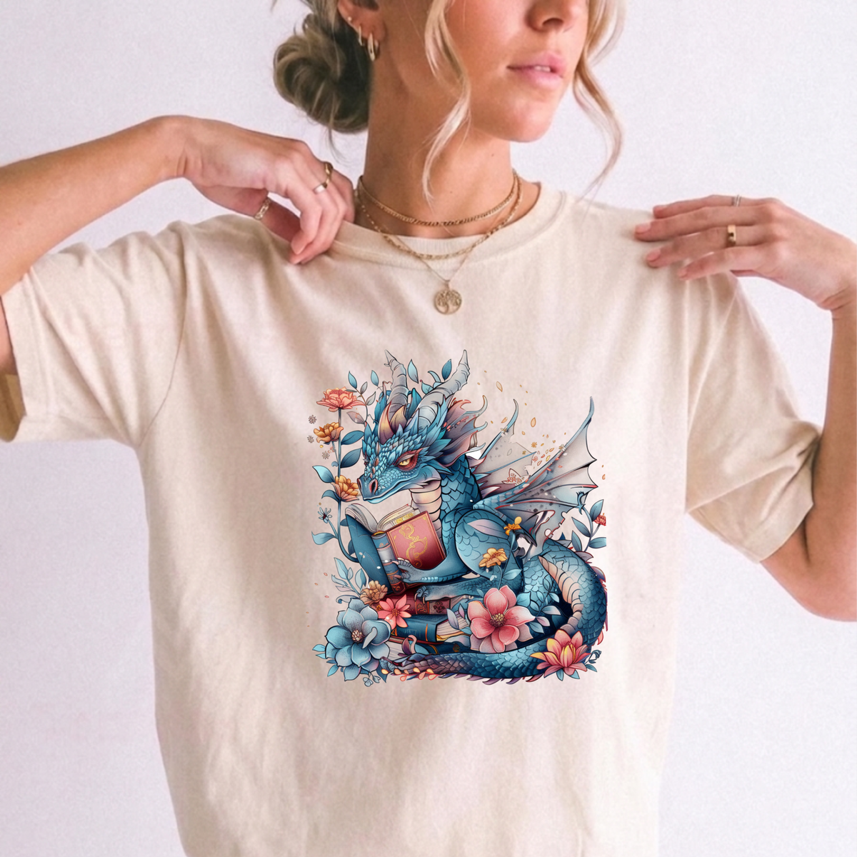 Reading Blue Dragon Floral T-Shirt | Fairytale Fantasy | Foxfire & Fable