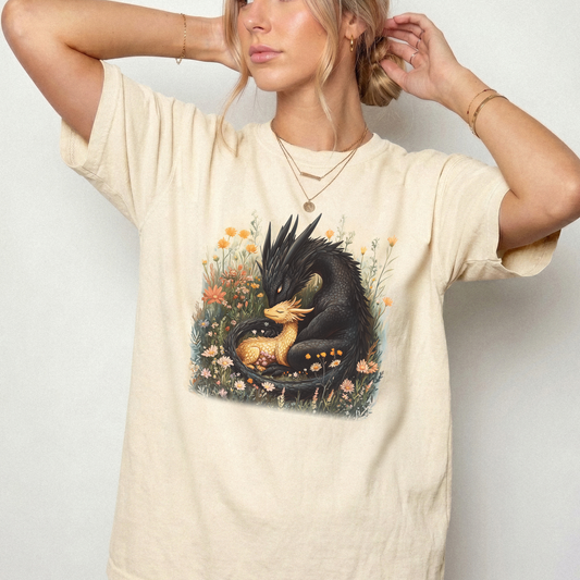 Dark Dragon and Golden Hatchling Botanical Fantasy Shirt | Foxfire & Fable