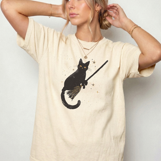 Celestial Black Cat Witch Broom Magic T-Shirt | Foxfire & Fable