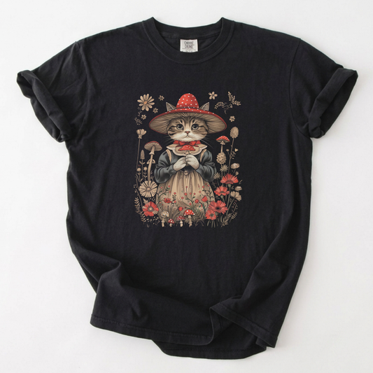 Mushroom Cat Folk Art T-Shirt | Cottagecore Apparel | Foxfire & Fable - Black