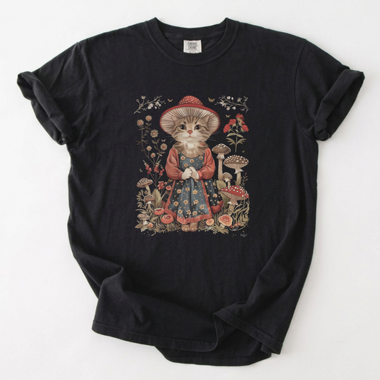 Mushroom Cat Folk Art T-Shirt | Fairytale Fantasy Apparel | Foxfire & Fable - Black