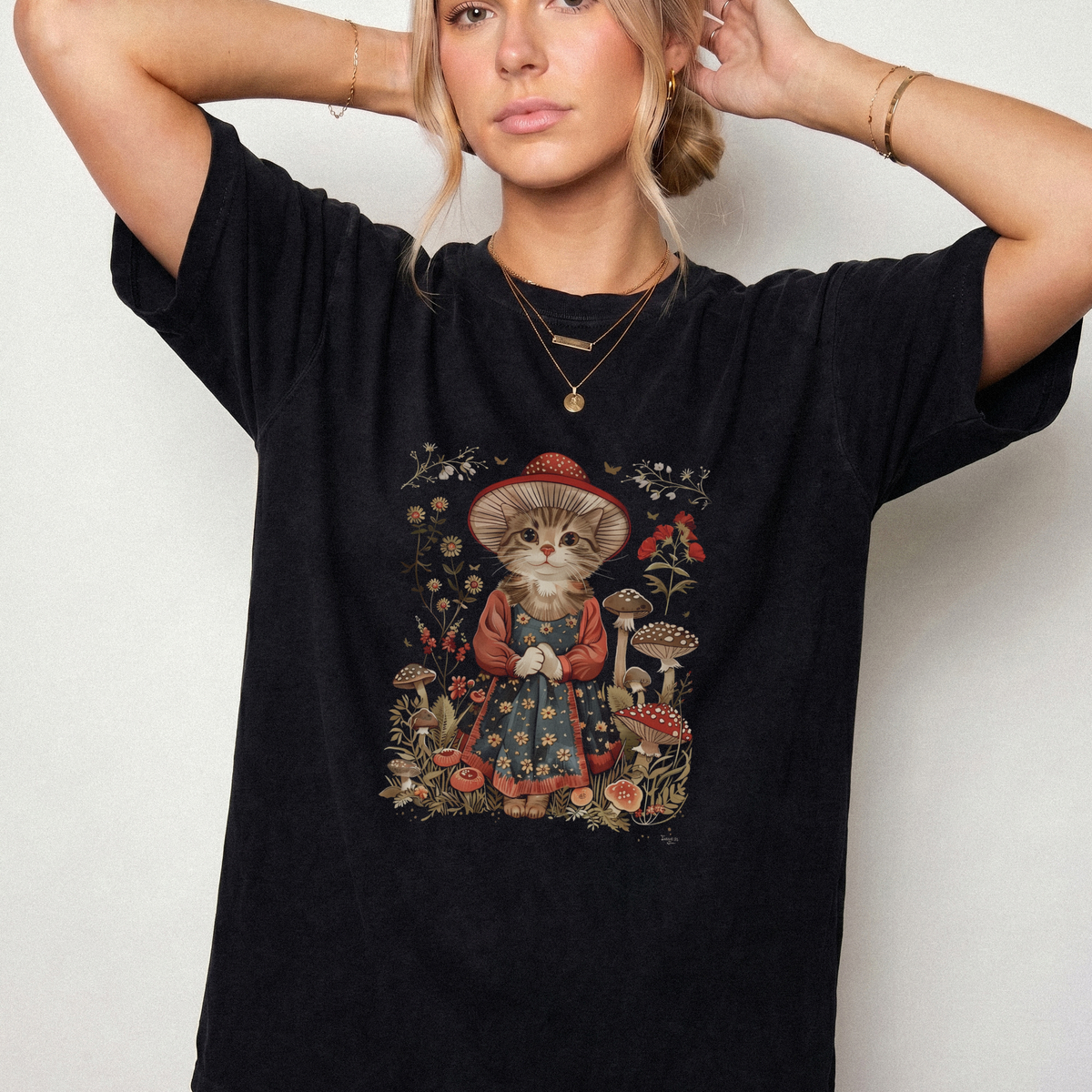 Mushroom Cat Folk Art T-Shirt | Fairytale Fantasy Apparel | Foxfire & Fable