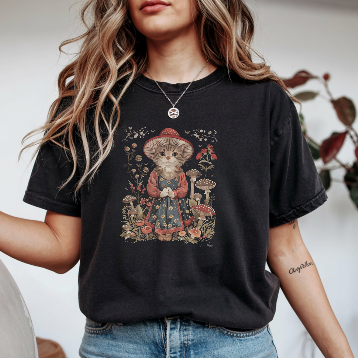 Mushroom Cat Folk Art T-Shirt | Fairytale Fantasy Apparel | Foxfire & Fable