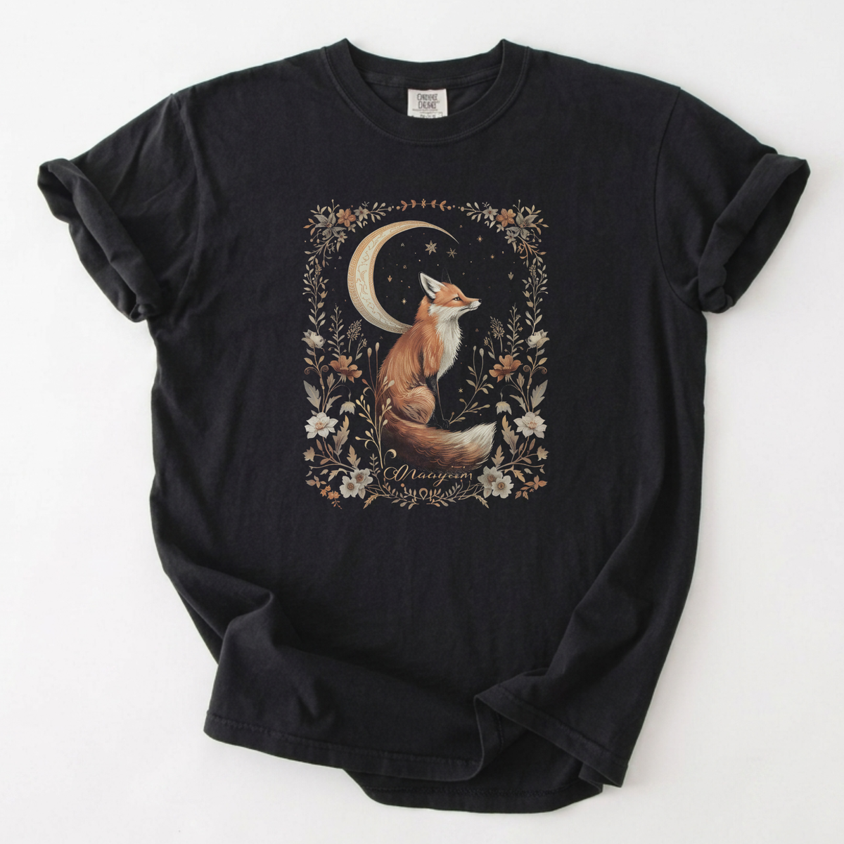 Moonlit Fox Botanical Celestial Graphic T-Shirt | Foxfire & Fable - Black