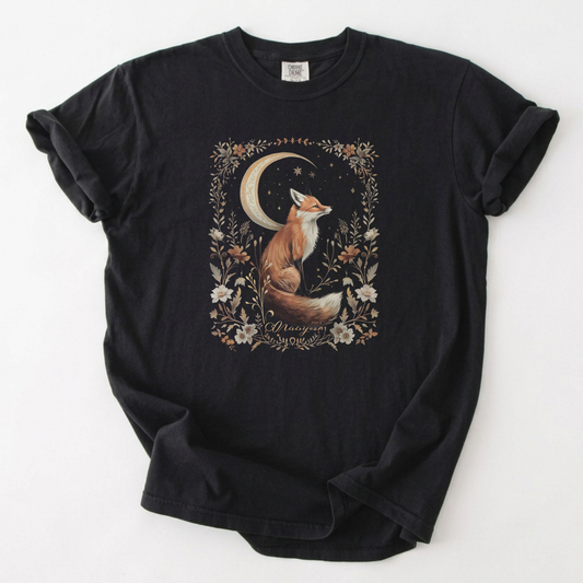 Moonlit Fox Botanical Celestial Graphic T-Shirt | Foxfire & Fable - Black