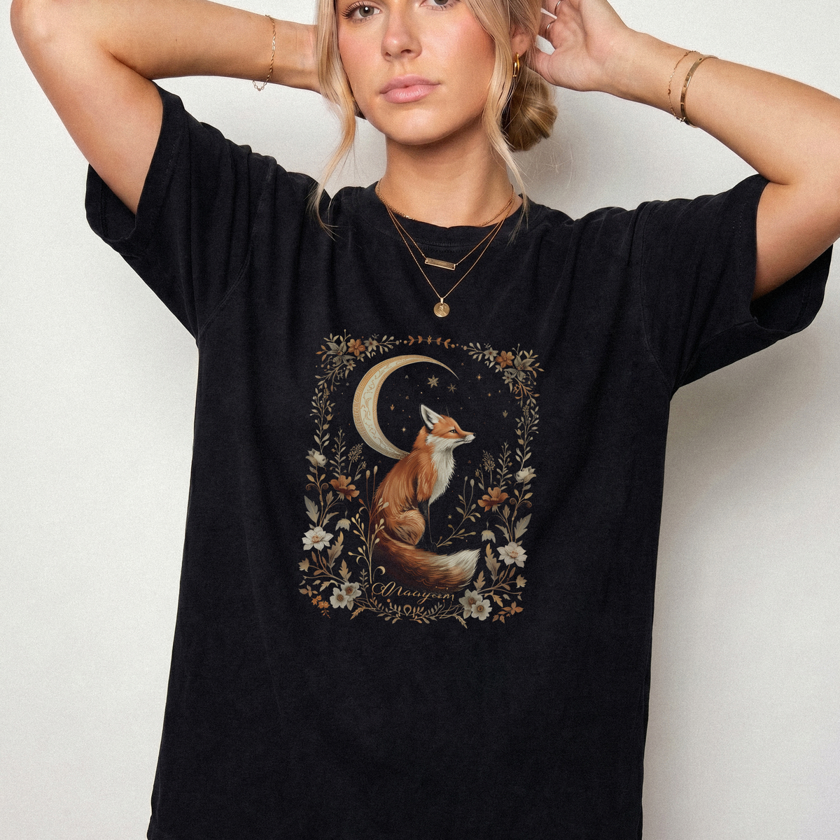 Moonlit Fox Botanical Celestial Graphic T-Shirt | Foxfire & Fable