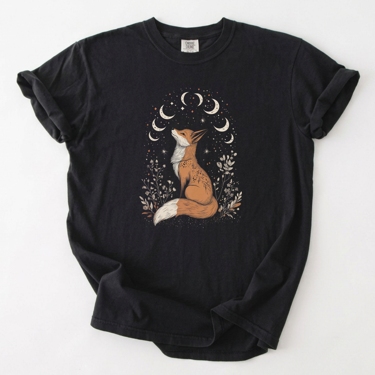 Celestial Fox Moon Phases Botanical T-Shirt | Foxfire & Fable - Black