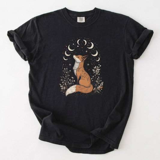 Celestial Fox Moon Phases Botanical T-Shirt | Foxfire & Fable - Black