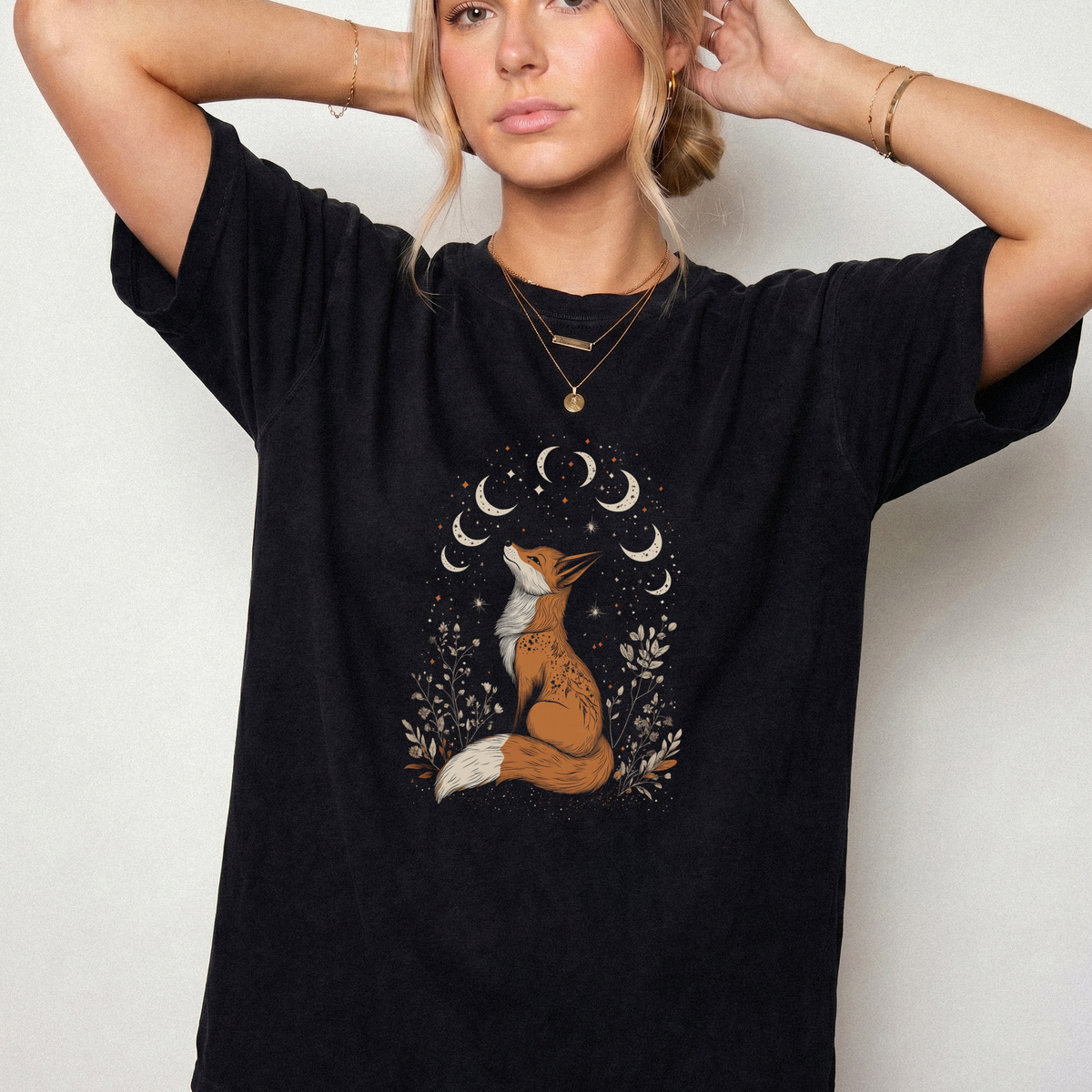 Celestial Fox Moon Phases Botanical T-Shirt | Foxfire & Fable