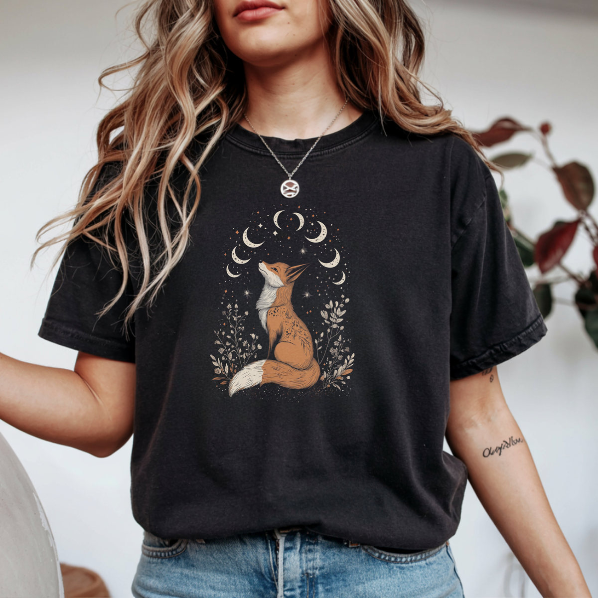 Celestial Fox Moon Phases Botanical T-Shirt | Foxfire & Fable