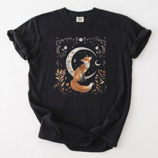 Celestial Fox Crescent Moon Botanical T-Shirt | Foxfire & Fable - Black