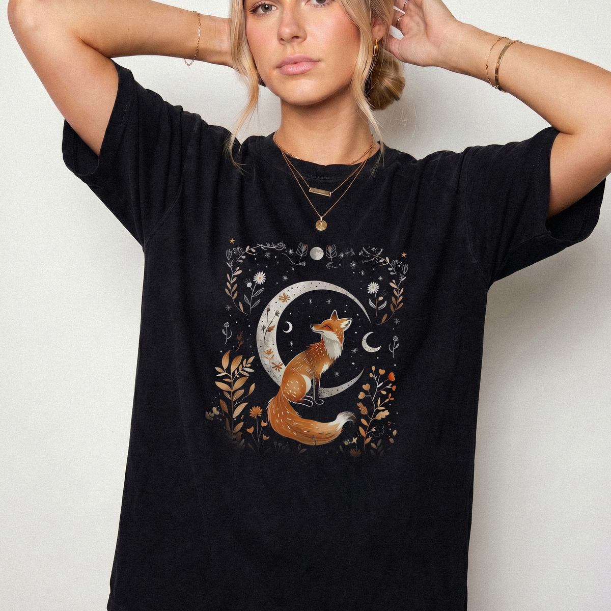 Celestial Fox Crescent Moon Botanical T-Shirt | Foxfire & Fable