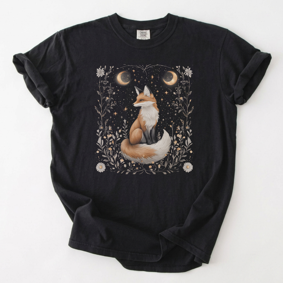 Celestial Fox Botanical Moonlit Forest T-Shirt | Foxfire & Fable - Black