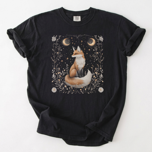 Celestial Fox Botanical Moonlit Forest T-Shirt | Foxfire & Fable - Black