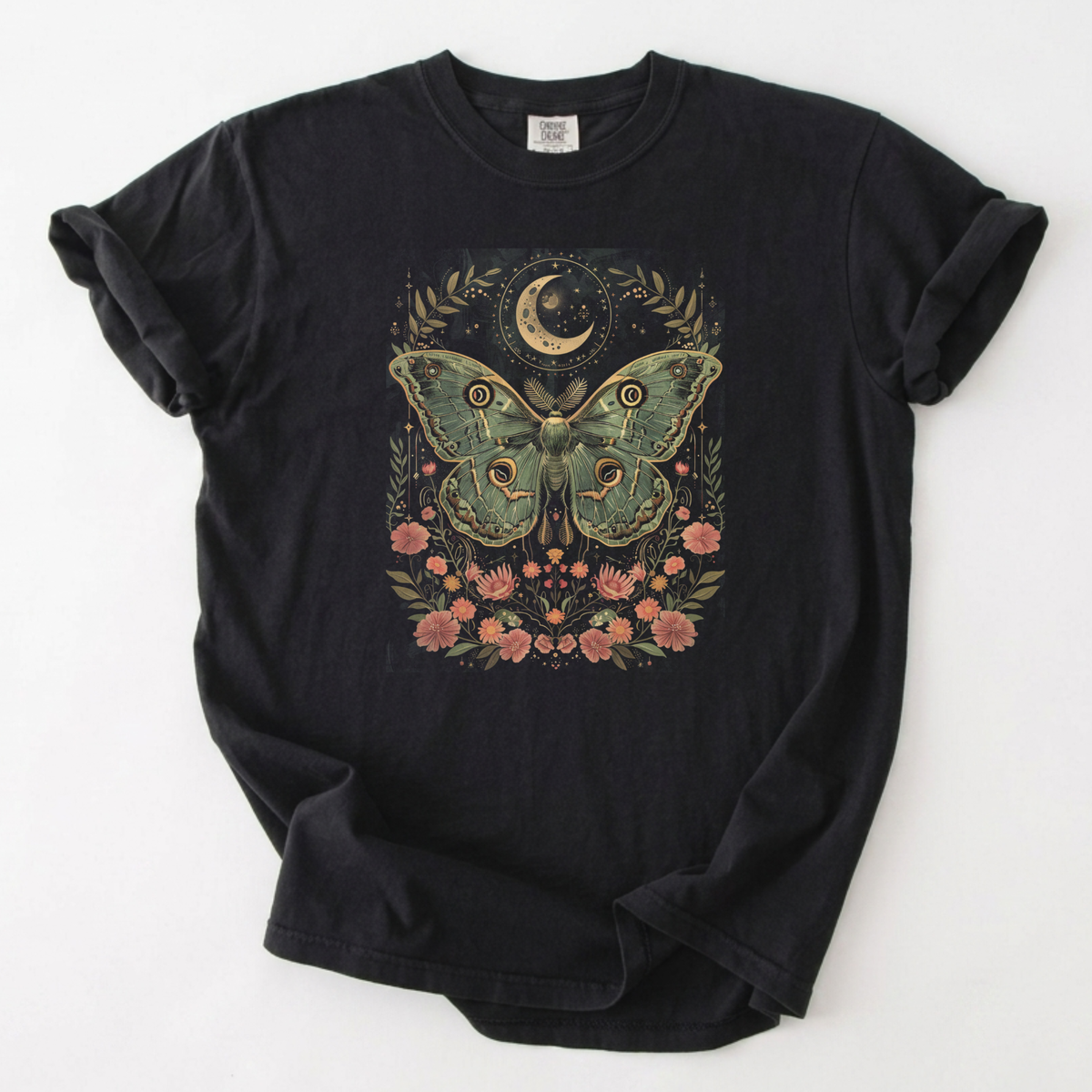 Moonlit Moth Botanical Graphic T-Shirt | Foxfire & Fable - Black
