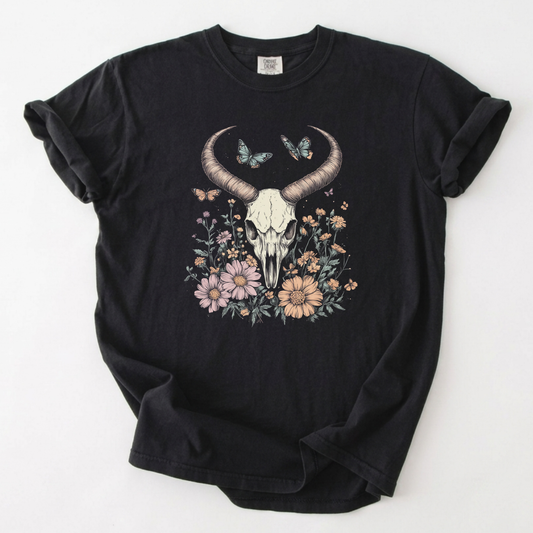 Botanical Bull Skull T-Shirt Butterfly Floral Cottagegoth Shirt | Foxfire & Fable - Black