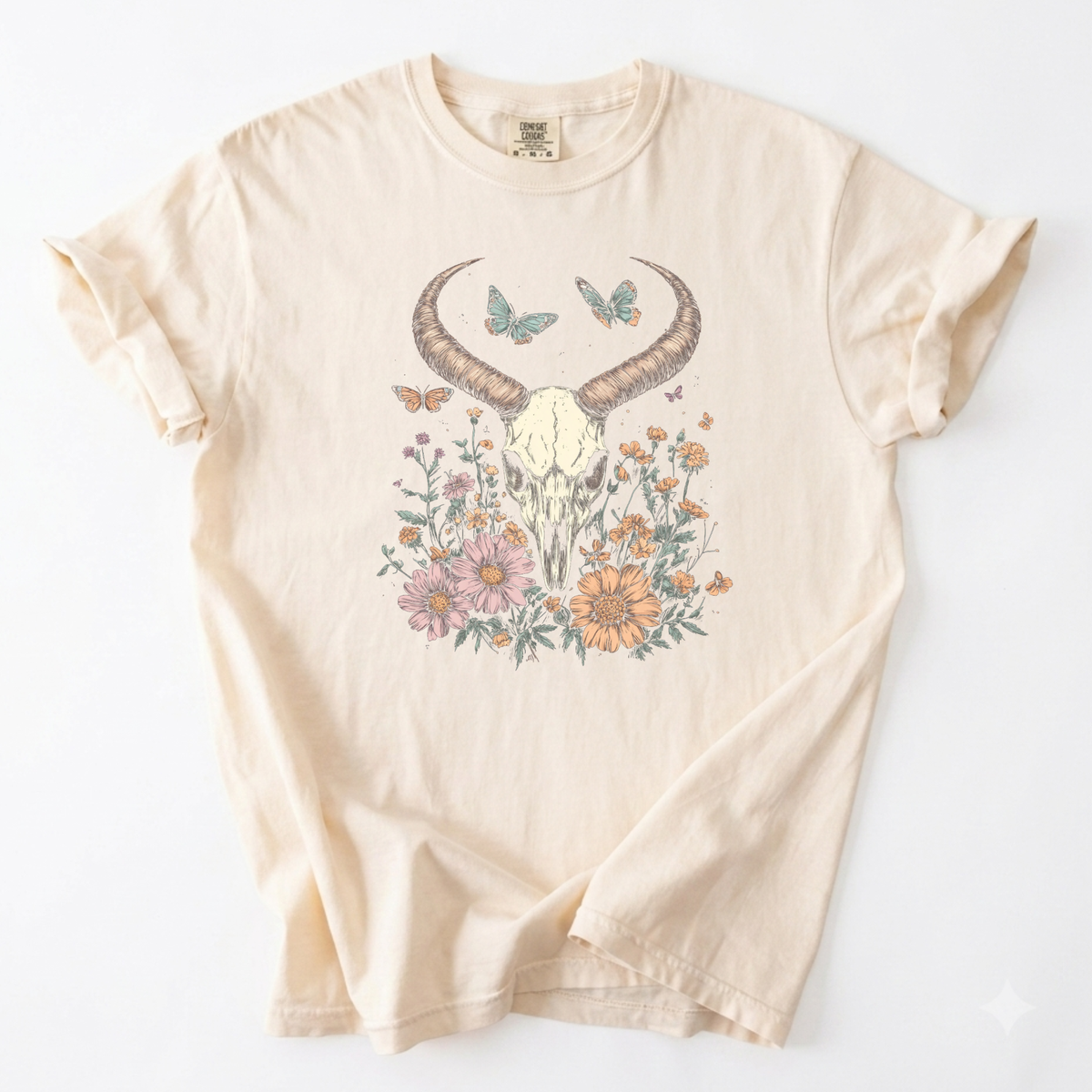 Botanical Bull Skull T-Shirt Butterfly Floral Cottagegoth Shirt | Foxfire & Fable - Ivory