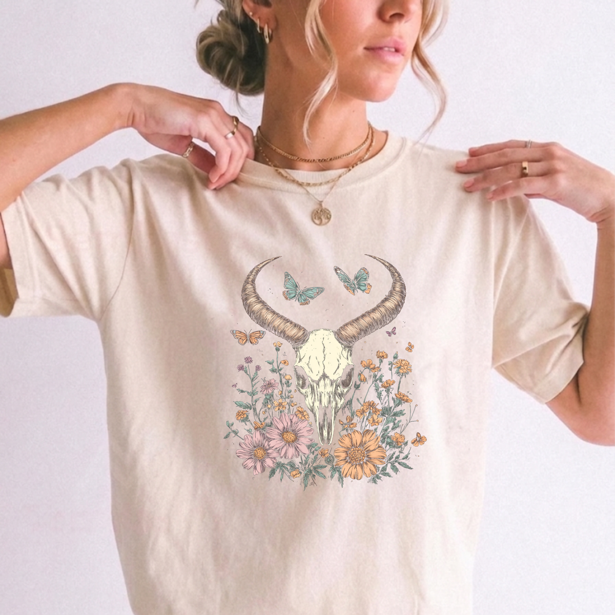 Botanical Bull Skull T-Shirt Butterfly Floral Cottagegoth Shirt | Foxfire & Fable