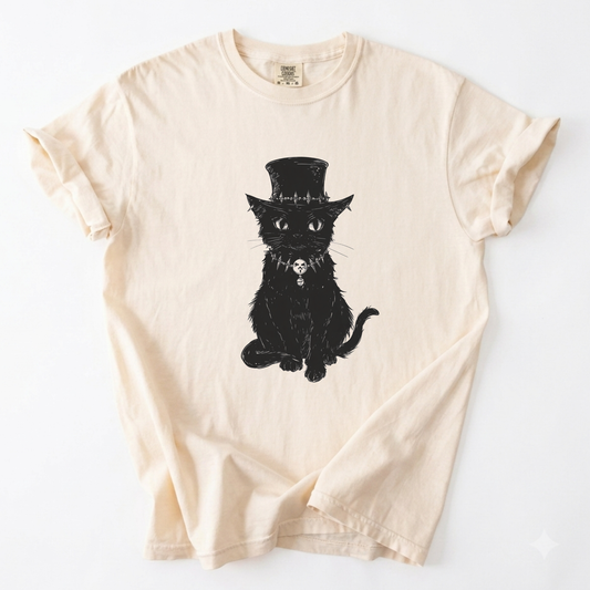 Gothic Top Hat Black Cat Vintage Ink Graphic T-Shirt | Foxfire & Fable - Ivory