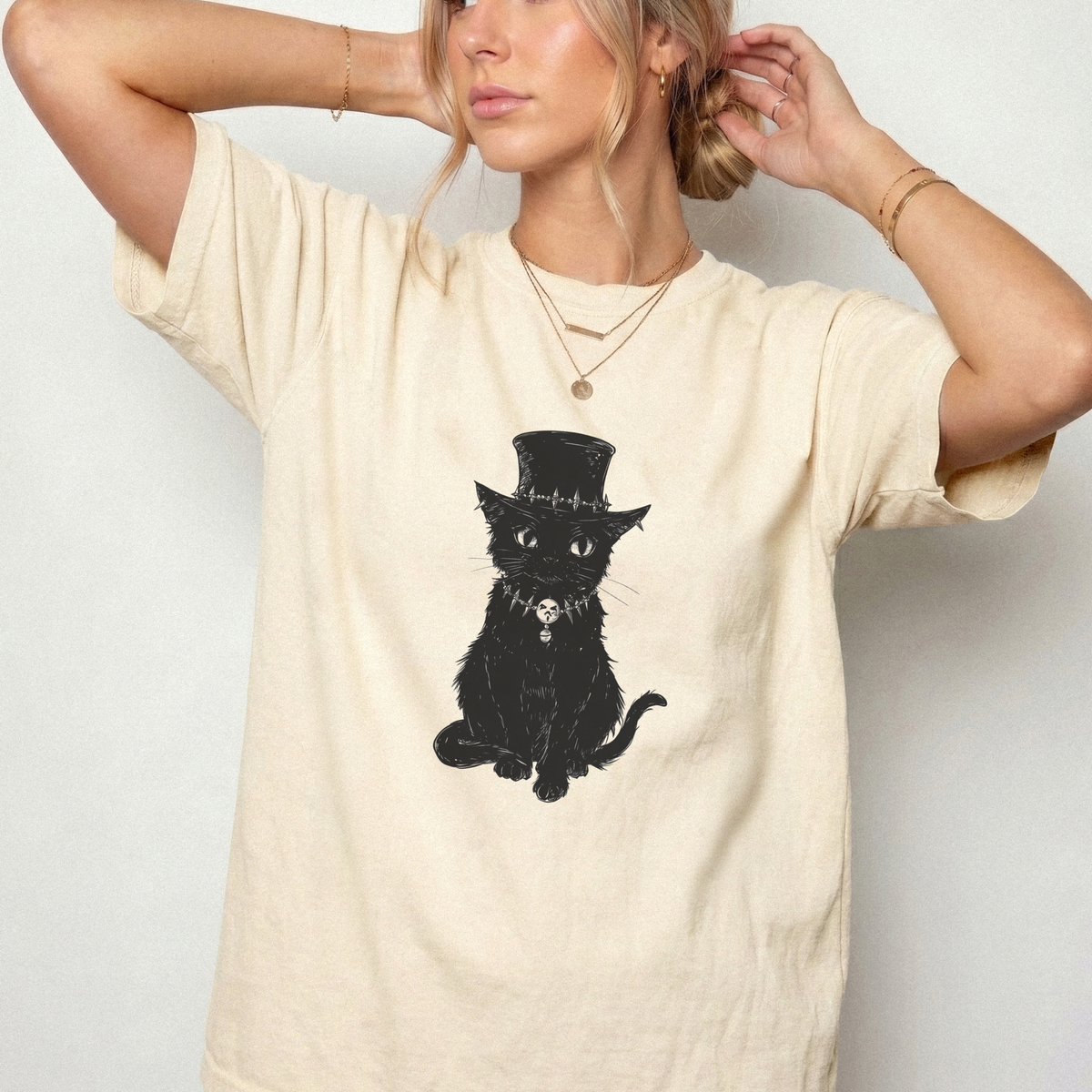 Gothic Top Hat Black Cat Vintage Ink Graphic T-Shirt | Foxfire & Fable