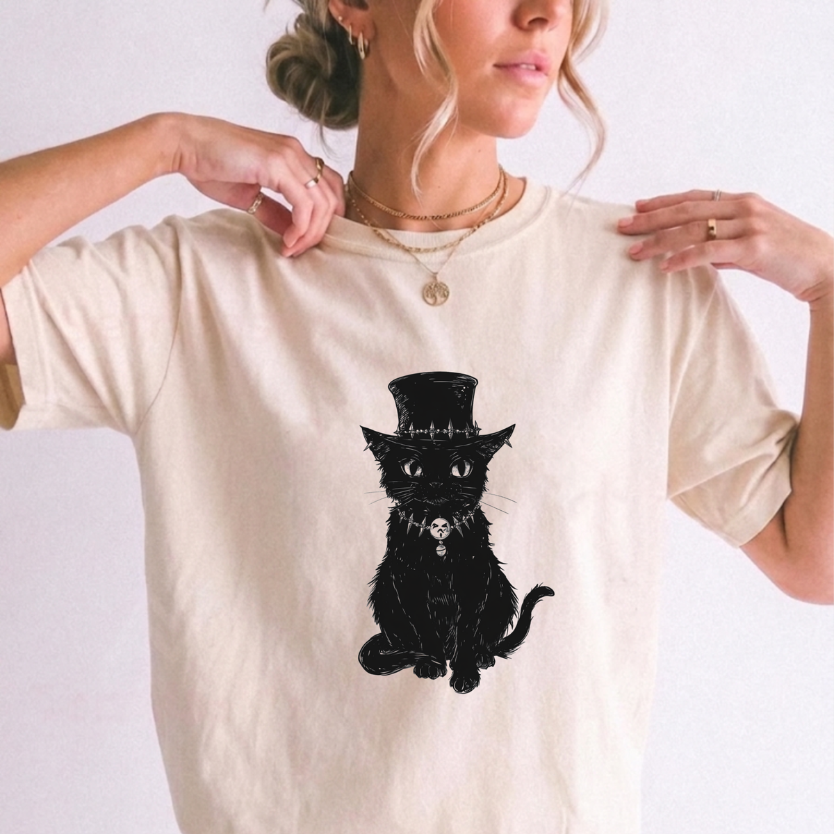 Gothic Top Hat Black Cat Vintage Ink Graphic T-Shirt | Foxfire & Fable