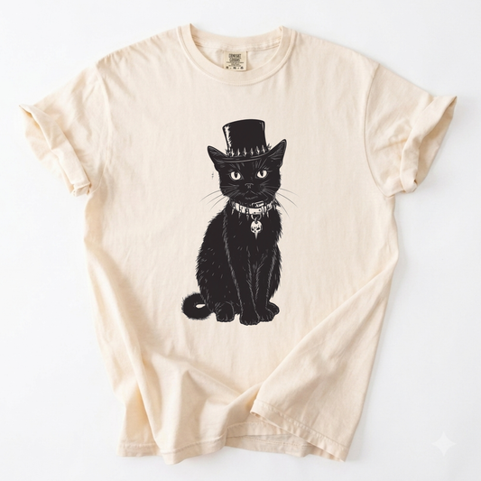 Gothic Black Cat Top Hat Heavyweight T-Shirt | Foxfire & Fable - Ivory