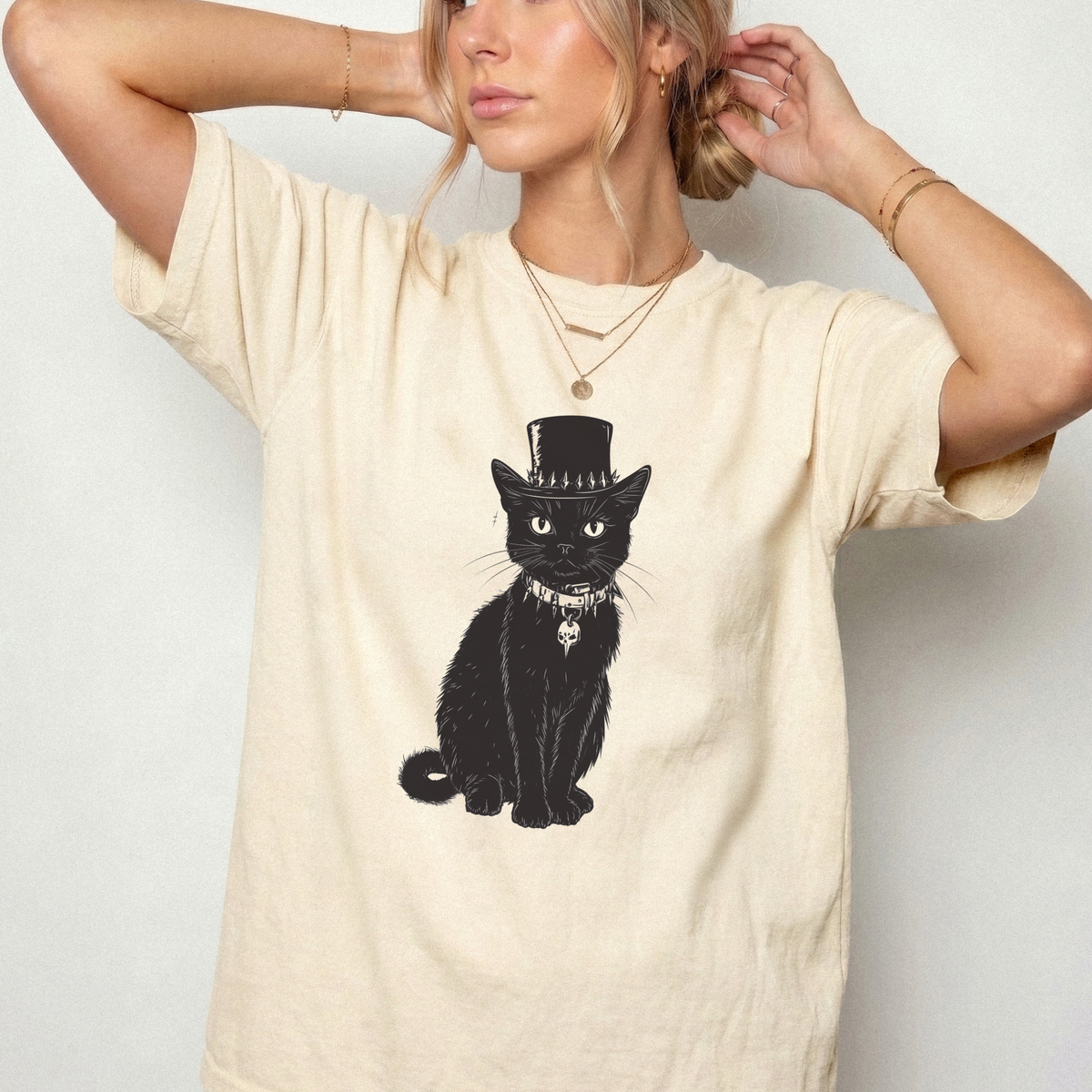 Gothic Black Cat Top Hat Heavyweight T-Shirt | Foxfire & Fable