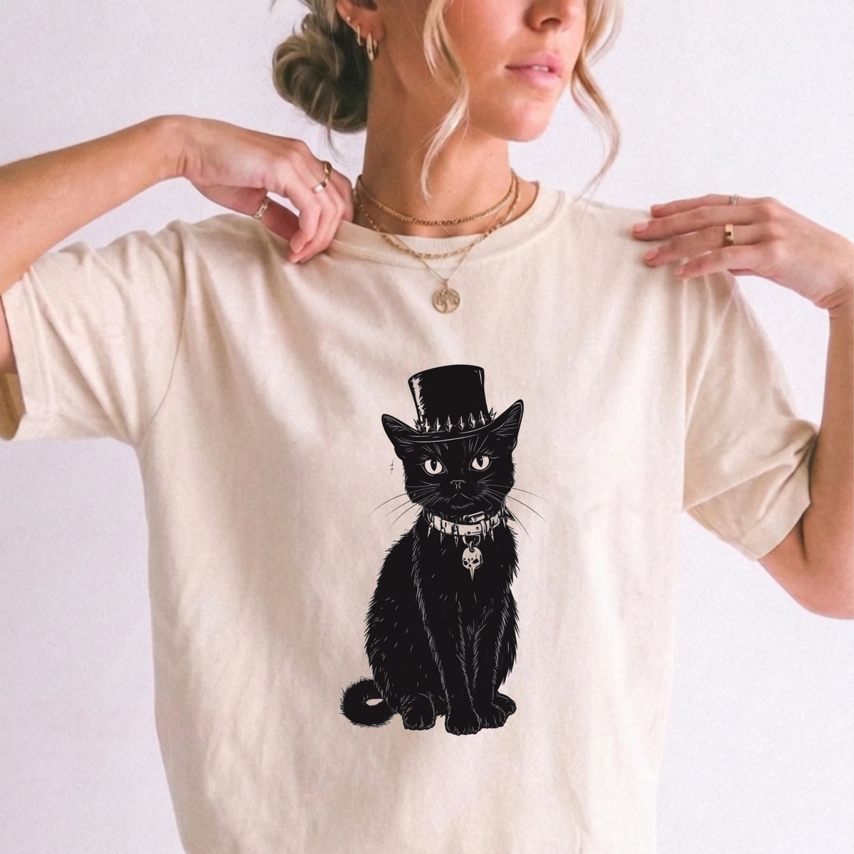 Gothic Black Cat Top Hat Heavyweight T-Shirt | Foxfire & Fable
