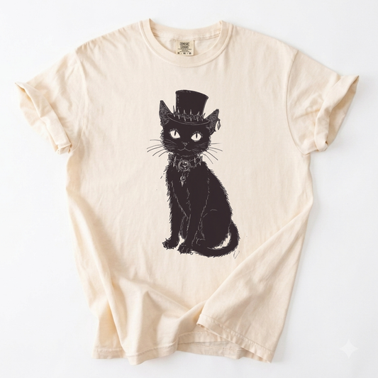 Gothic Black Cat Top Hat T-Shirt | Foxfire & Fable - Ivory