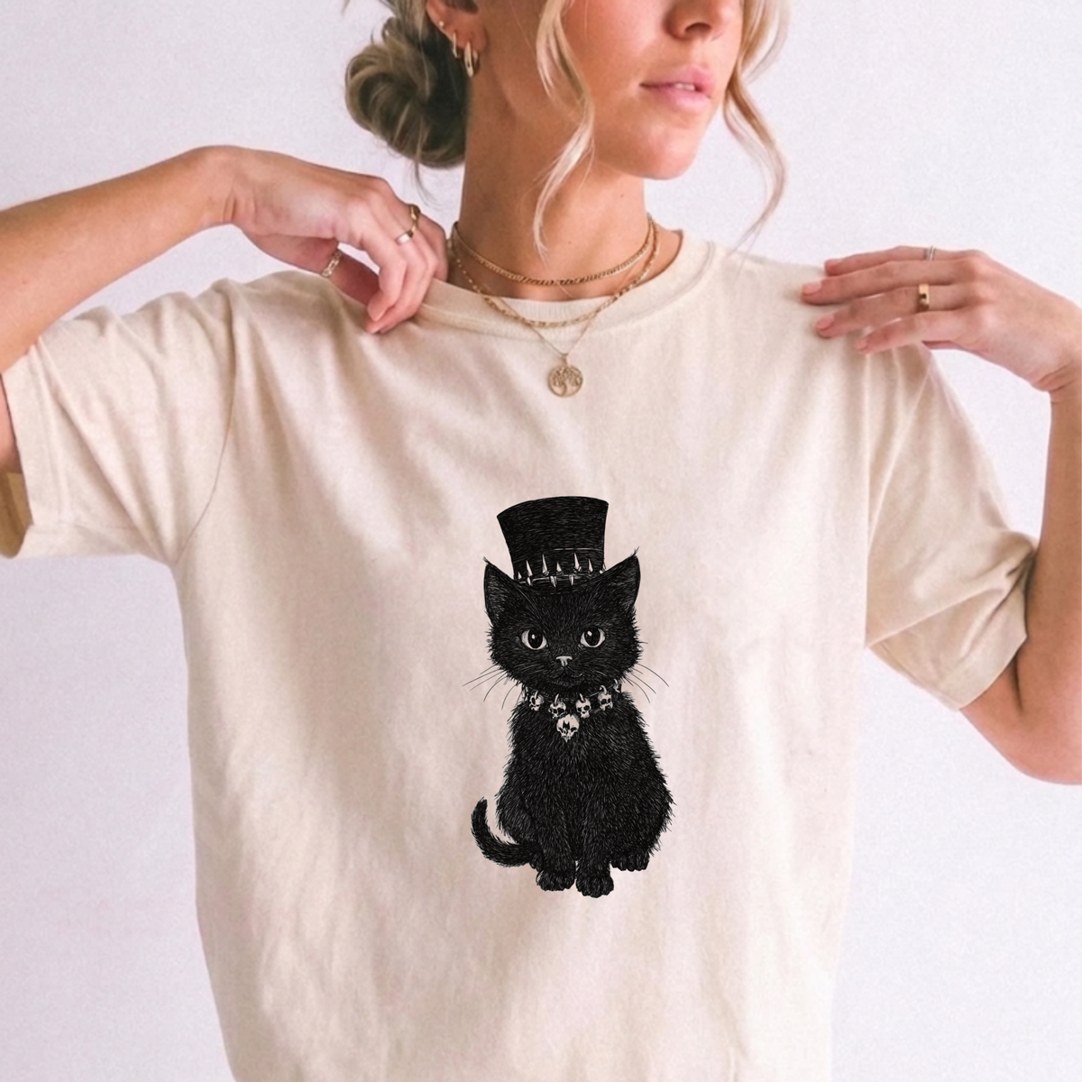 Gothic Black Cat Top Hat T-Shirt | Witchy Apparel | Foxfire & Fable