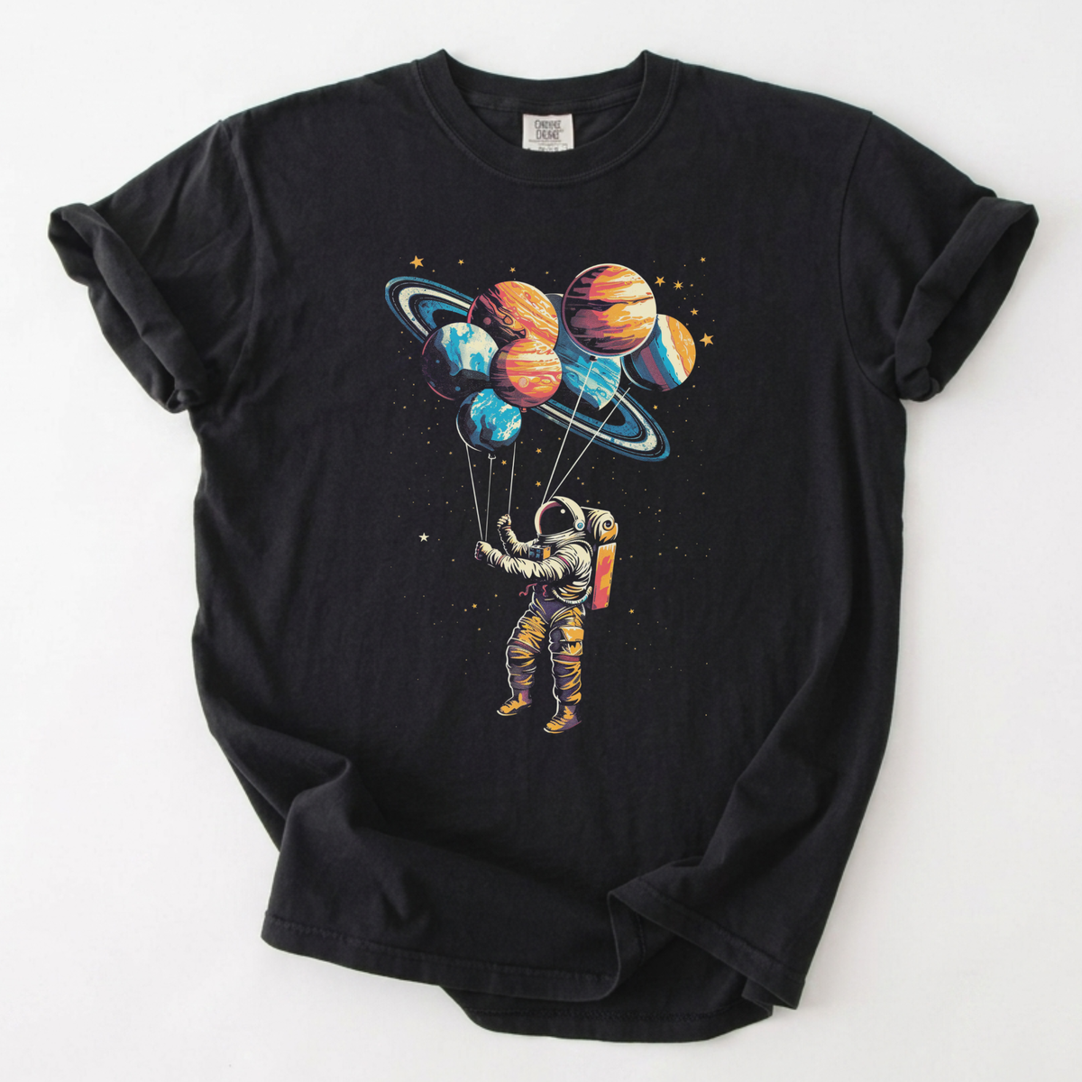 Astronaut Planetary Balloons Cosmic T-Shirt | Foxfire & Fable - Black