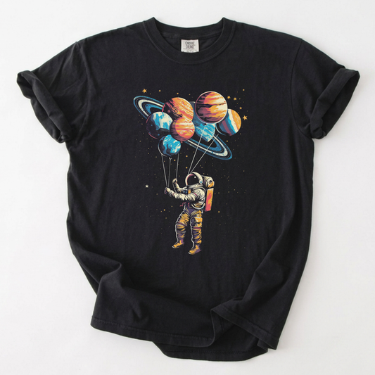 Astronaut Planetary Balloons Cosmic T-Shirt | Foxfire & Fable - Black