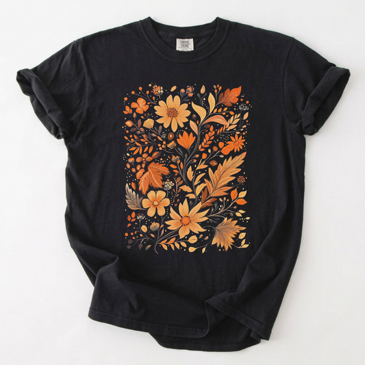 Autumn Harvest Botanical Floral Graphic T-Shirt | Foxfire & Fable - Black