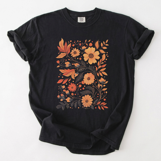 Autumn Botanical Floral Garden T-Shirt | Foxfire & Fable - Black