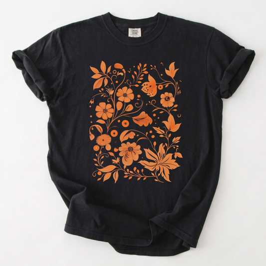 Botanical Folk Art Floral Graphic T-Shirt | Foxfire & Fable - Black