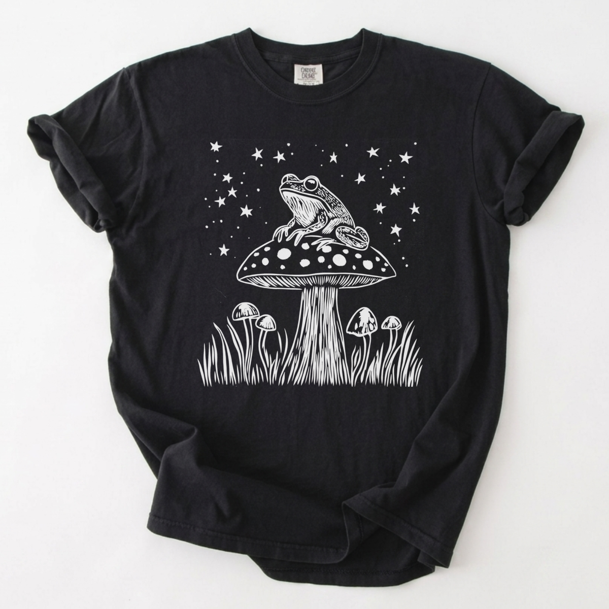 Stargazing Toad on Mushroom Linework T-Shirt | Foxfire & Fable - Black
