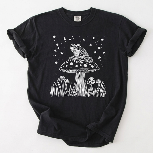 Stargazing Toad on Mushroom Linework T-Shirt | Foxfire & Fable - Black