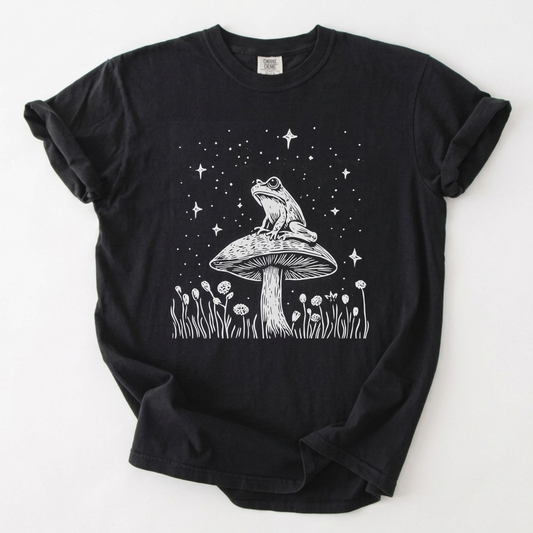 Starlight Toad on Mushroom Cottagecore Graphic Tee | Foxfire & Fable - Black