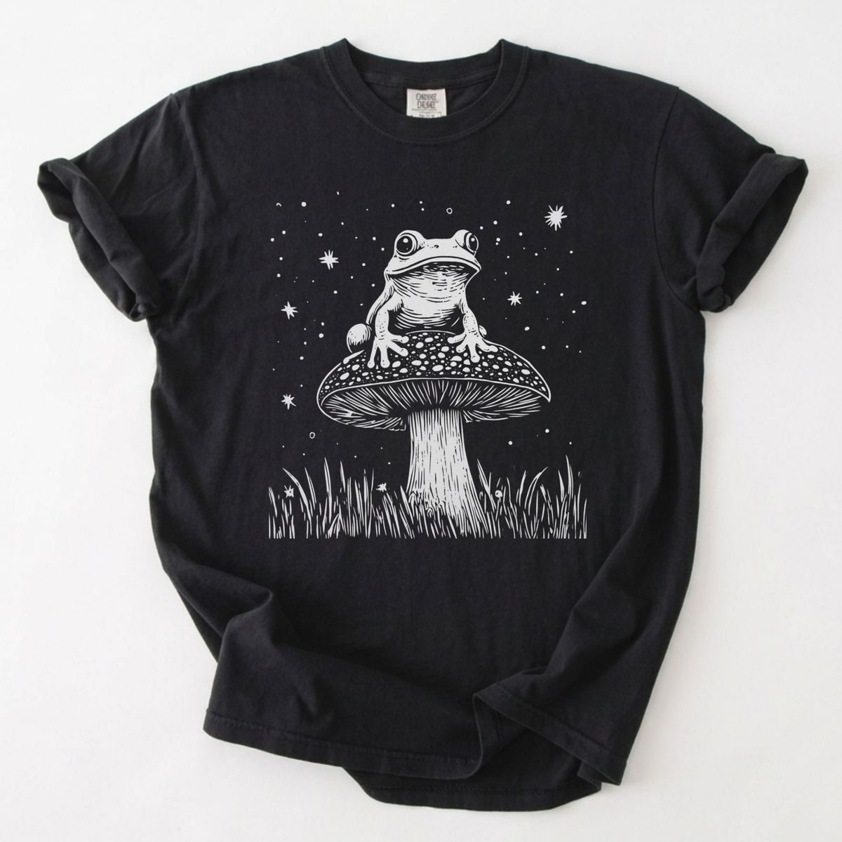 Celestial Toad on Mushroom Vintage Linework T-Shirt | Foxfire & Fable - Black