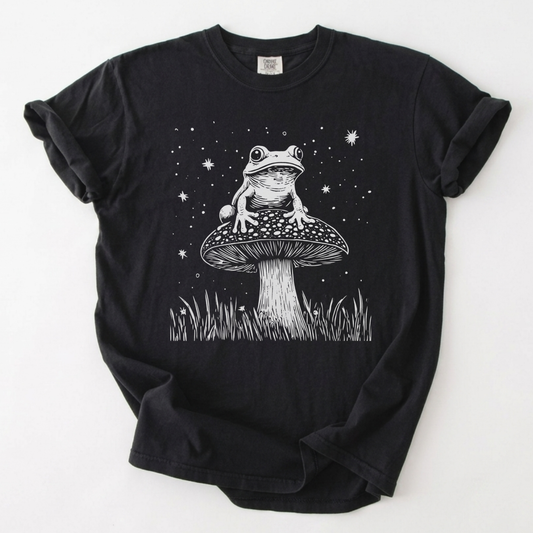 Celestial Toad on Mushroom Vintage Linework T-Shirt | Foxfire & Fable - Black