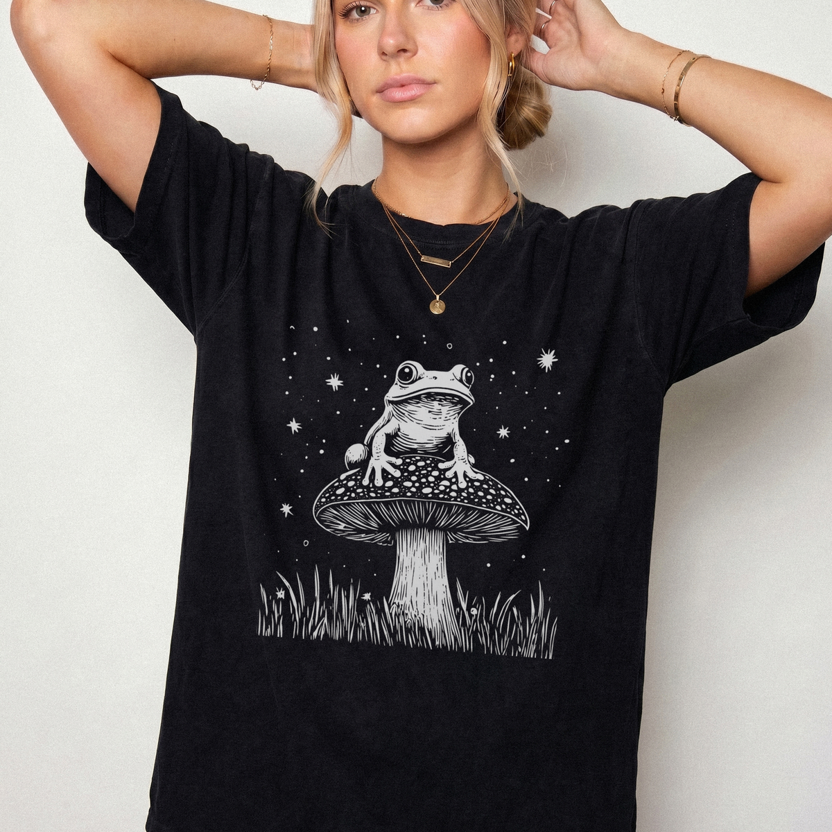 Celestial Toad on Mushroom Vintage Linework T-Shirt | Foxfire & Fable