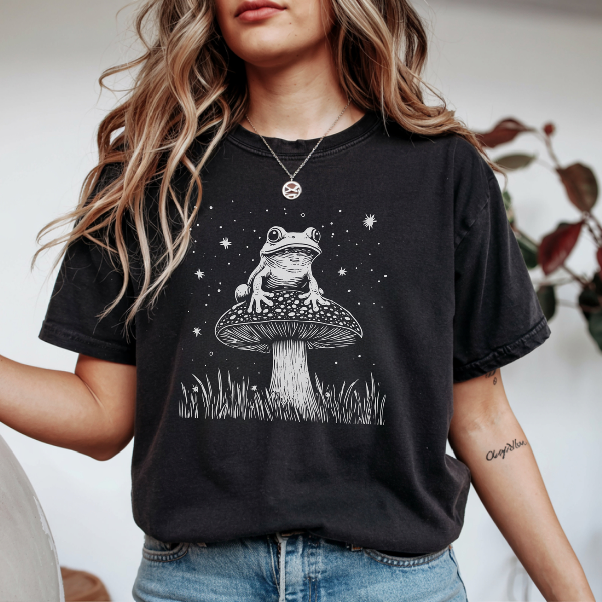 Celestial Toad on Mushroom Vintage Linework T-Shirt | Foxfire & Fable