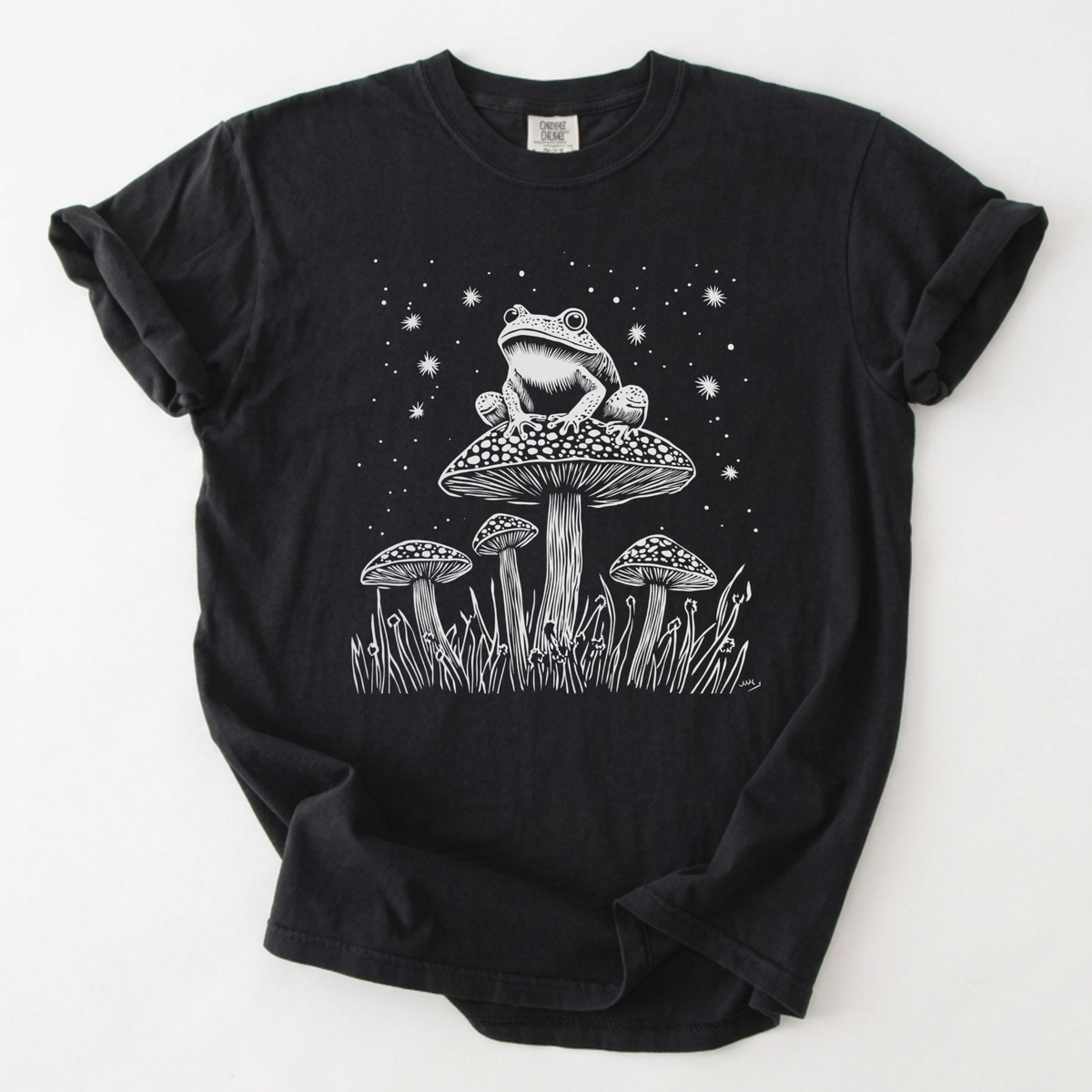 Starlight Toad & Mushroom Linocut Graphic T-Shirt | Foxfire & Fable - Black