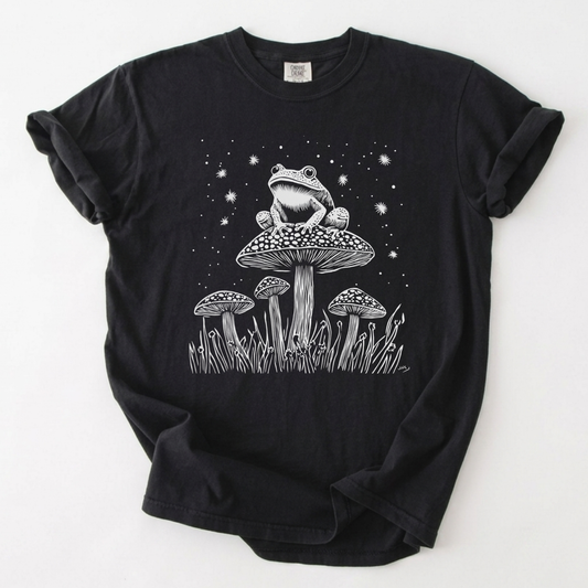 Starlight Toad & Mushroom Linocut Graphic T-Shirt | Foxfire & Fable - Black