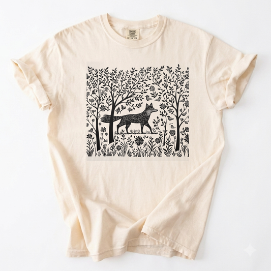 Enchanted Forest Fox Linocut Botanical T-Shirt | Foxfire & Fable - Ivory