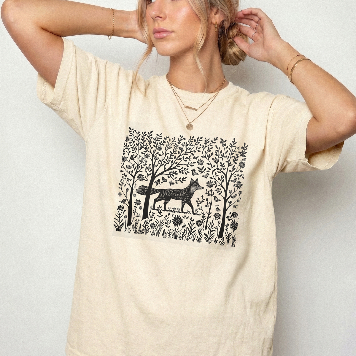 Enchanted Forest Fox Linocut Botanical T-Shirt | Foxfire & Fable