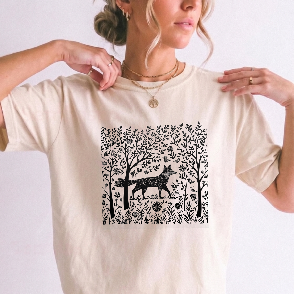 Enchanted Forest Fox Linocut Botanical T-Shirt | Foxfire & Fable