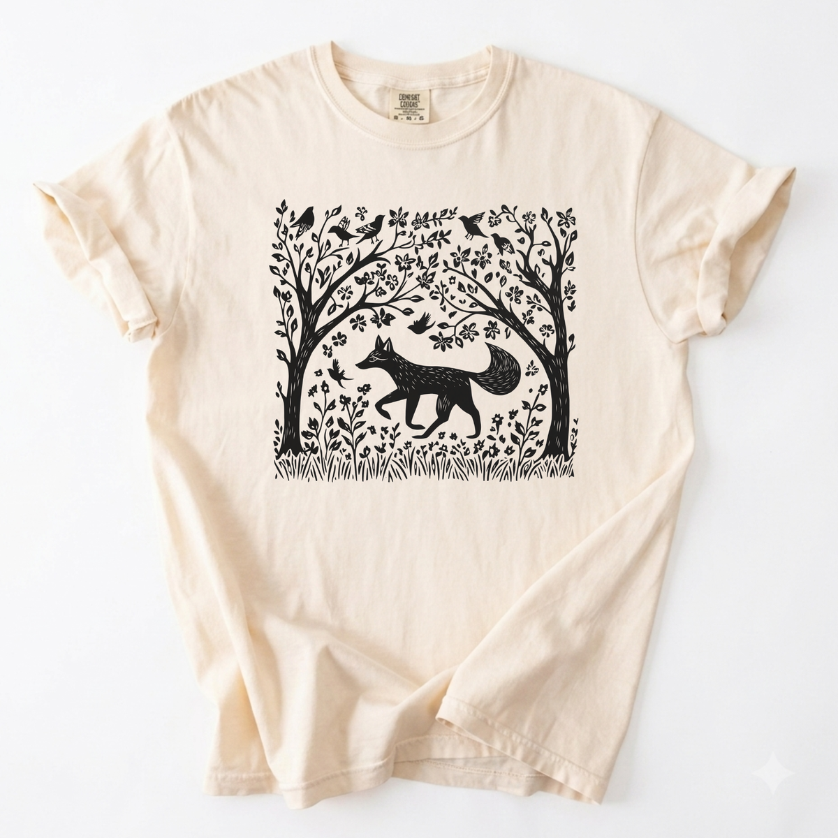 Enchanted Fox & Forest Woodcut T-Shirt | Foxfire & Fable - Ivory