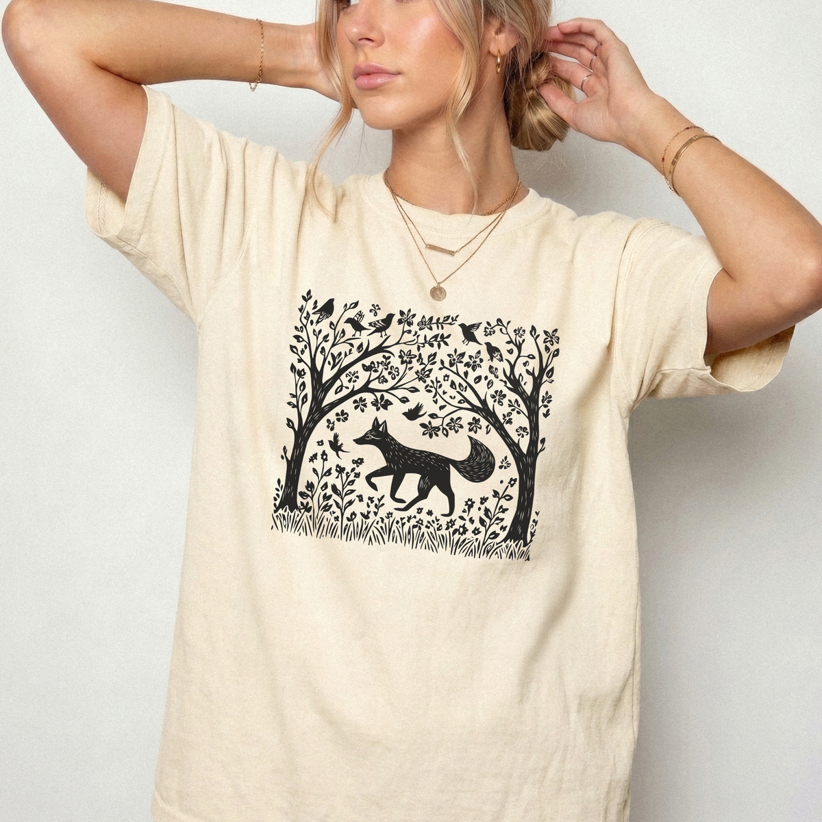 Enchanted Fox & Forest Woodcut T-Shirt | Foxfire & Fable
